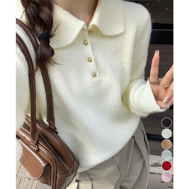 ポロカラーニットトップス ゴールドボタン | Miniministore | 詳細画像1 