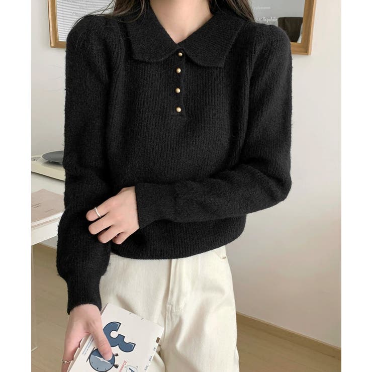 ポロカラーニットトップス ゴールドボタン | Miniministore | 詳細画像7 