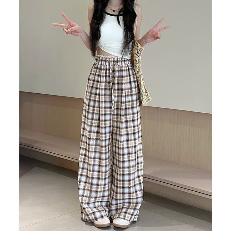 レースウエストチェック柄ワイドパンツ春夏 | Miniministore | 詳細画像10 