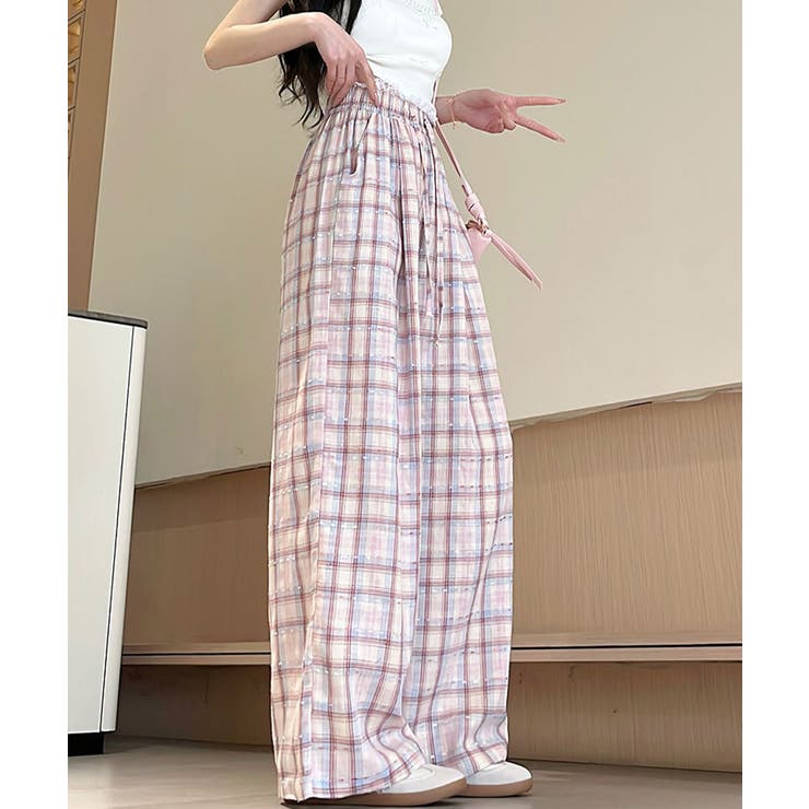 レースウエストチェック柄ワイドパンツ春夏 | Miniministore | 詳細画像6 