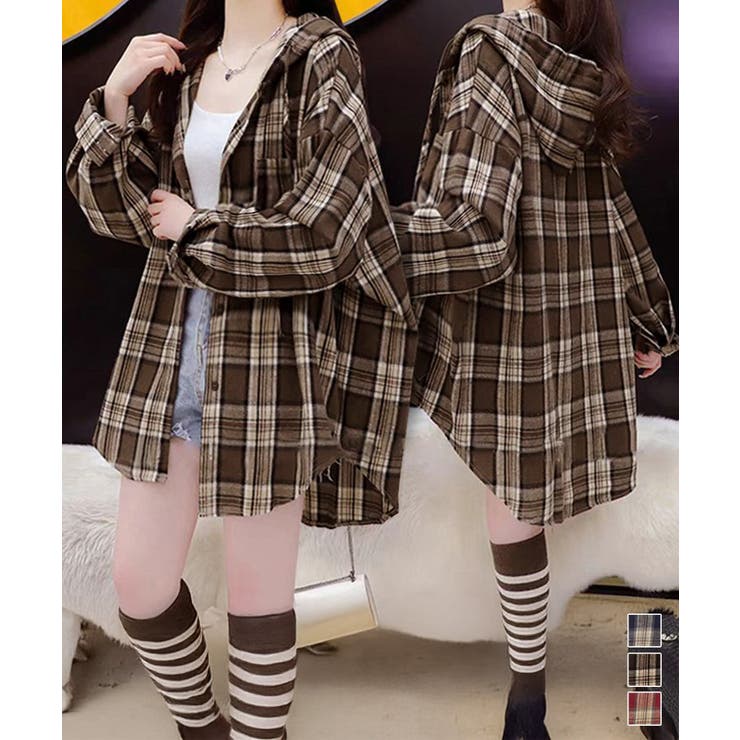 フード付き チェックシャツオーバーサイズ | Miniministore | 詳細画像1 