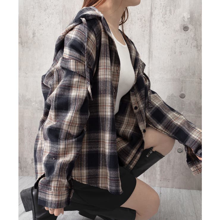 フード付き チェックシャツオーバーサイズ | Miniministore | 詳細画像22 