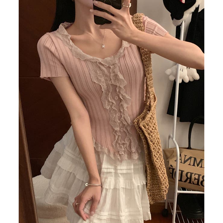 【再入荷】レースフリル  ミニ トップス ワンピース レースフリルニットトップスショート丈夏服[品番：II000012846