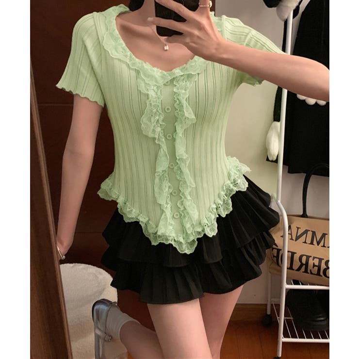 【再入荷】レースフリル  ミニ トップス ワンピース レースフリルニットトップスショート丈夏服[品番：II000012846