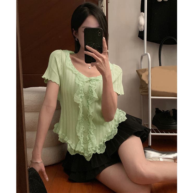 レースフリルニットトップスショート丈夏服 | Miniministore | 詳細画像17 
