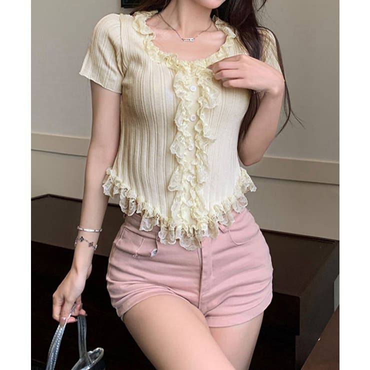 レースフリルニットトップスショート丈夏服 | Miniministore | 詳細画像3 