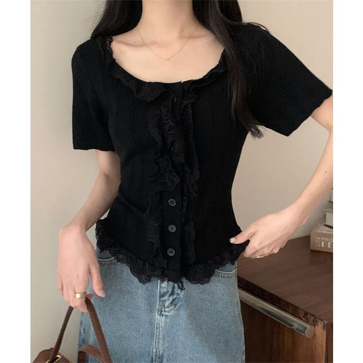 レースフリルニットトップスショート丈夏服[品番：II000012846