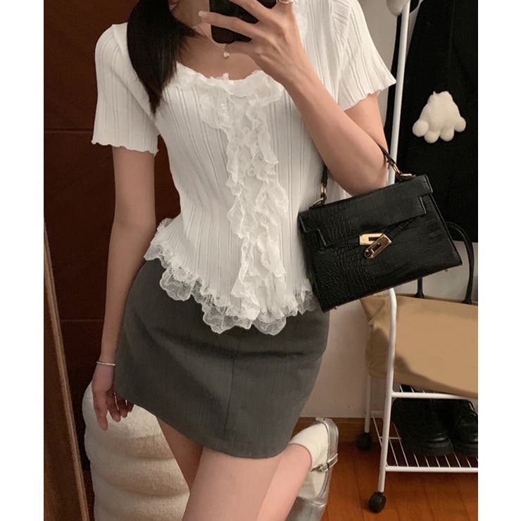 レースフリルニットトップスショート丈夏服 | Miniministore | 詳細画像7 