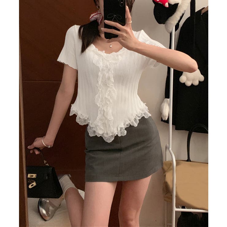 【再入荷】レースフリル  ミニ トップス ワンピース レースフリルニットトップスショート丈夏服[品番：II000012846