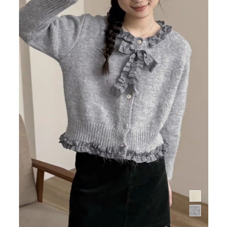 フリルカラーニットリボンカーディガン甘め | Miniministore | 詳細画像1 