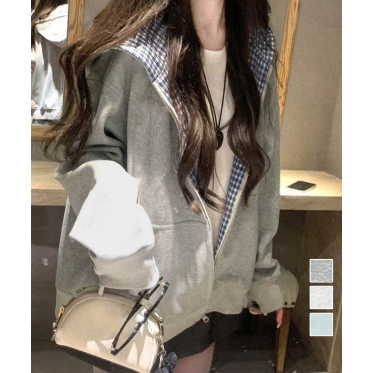 チェック裏地パーカー配色ジップフーディー | Miniministore | 詳細画像1 