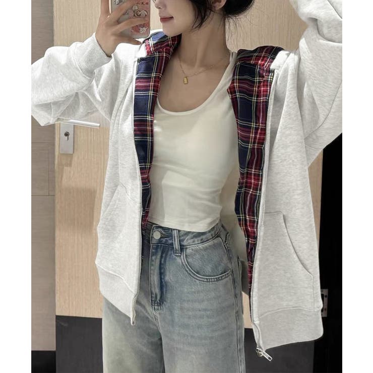 チェック裏地パーカー配色ジップフーディー | Miniministore | 詳細画像12 