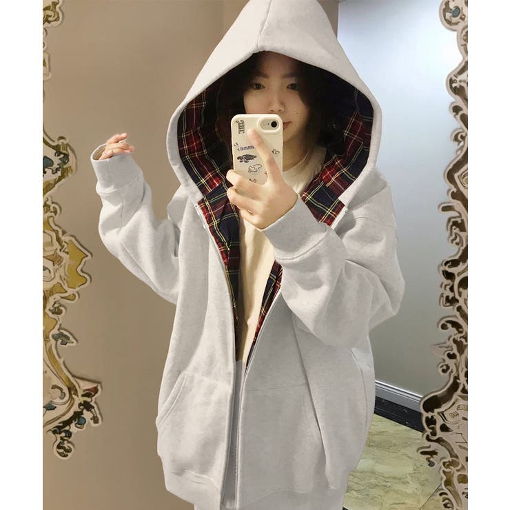 チェック裏地パーカー配色ジップフーディー | Miniministore | 詳細画像14 