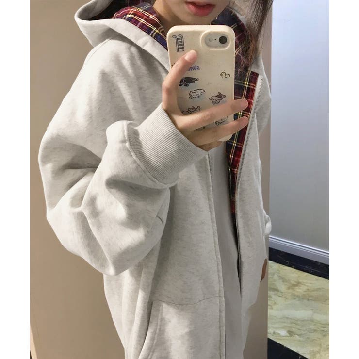 チェック裏地パーカー配色ジップフーディー | Miniministore | 詳細画像15 