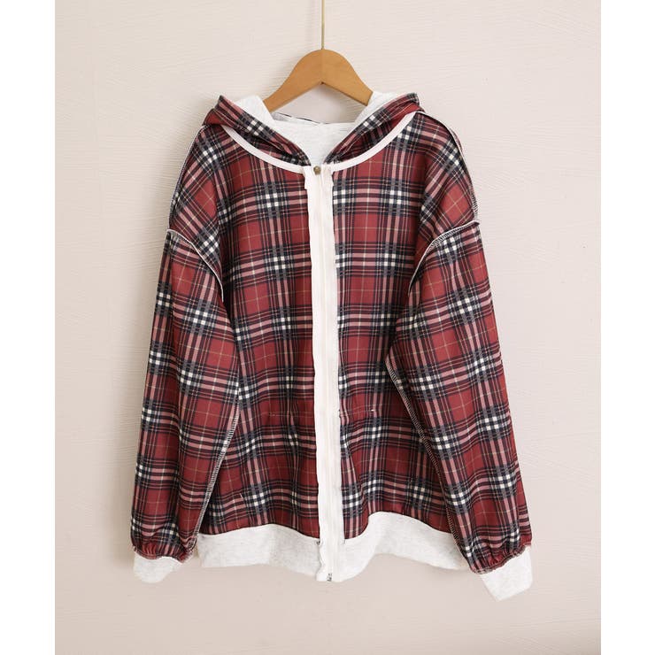 チェック裏地パーカー配色ジップフーディー | Miniministore | 詳細画像29 