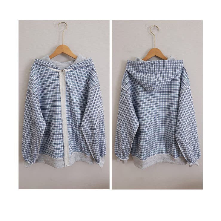 チェック裏地パーカー配色ジップフーディー | Miniministore | 詳細画像31 