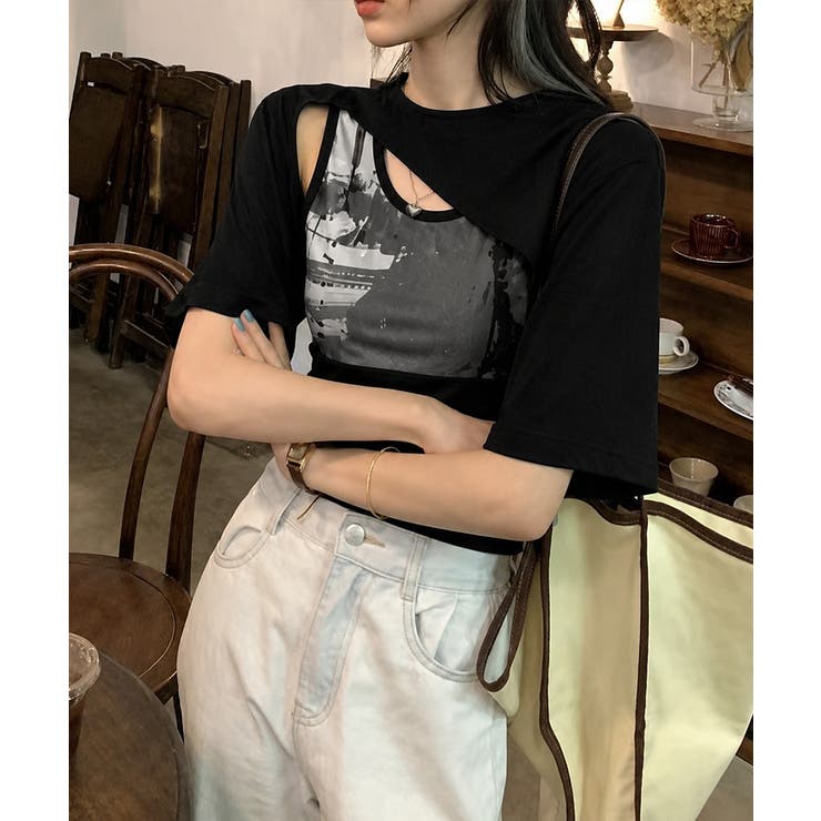 レイヤードタンク付きTシャツカットアウト | Miniministore | 詳細画像4 