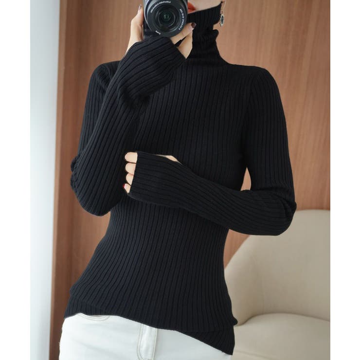 ブラック | ニットトップス ハイネック 指穴デザイン | Miniministore