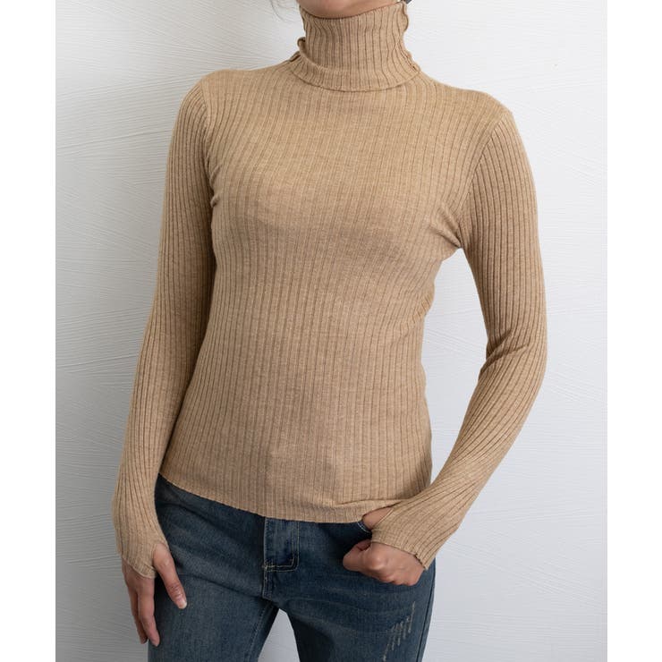ダークベージュ | ニットトップス ハイネック 指穴デザイン | Miniministore