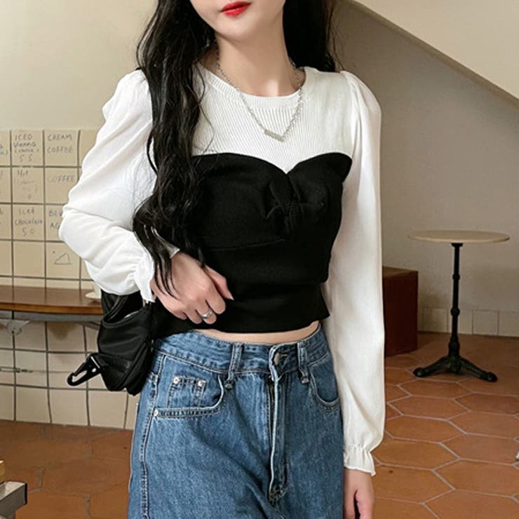 ブラック | ニットトップス シフォン パフスリーブ | Miniministore