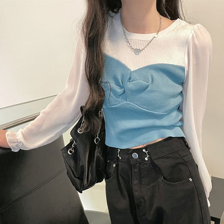 スカイブルー | ニットトップス シフォン パフスリーブ | Miniministore