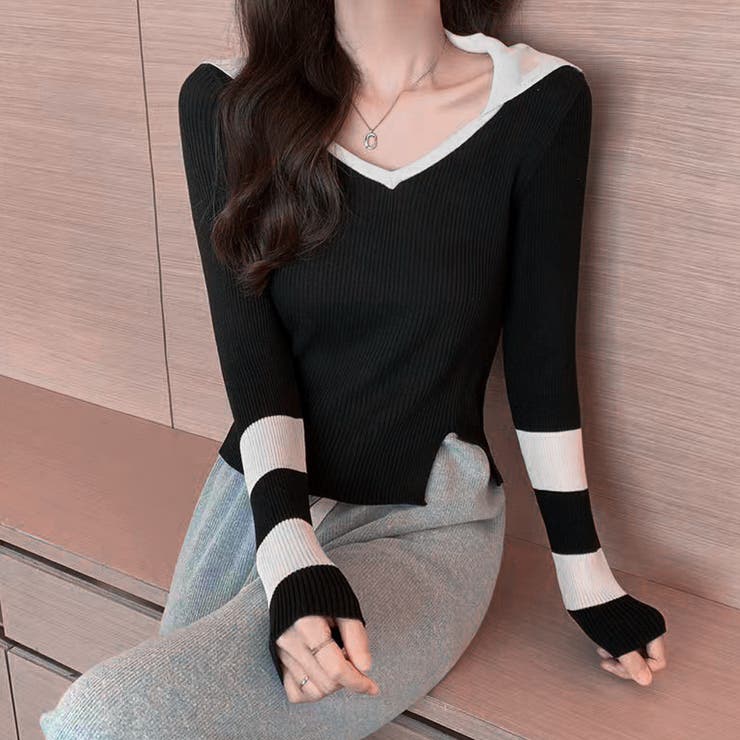 ブラック | ニットトップス Vネック スリット入り | Miniministore