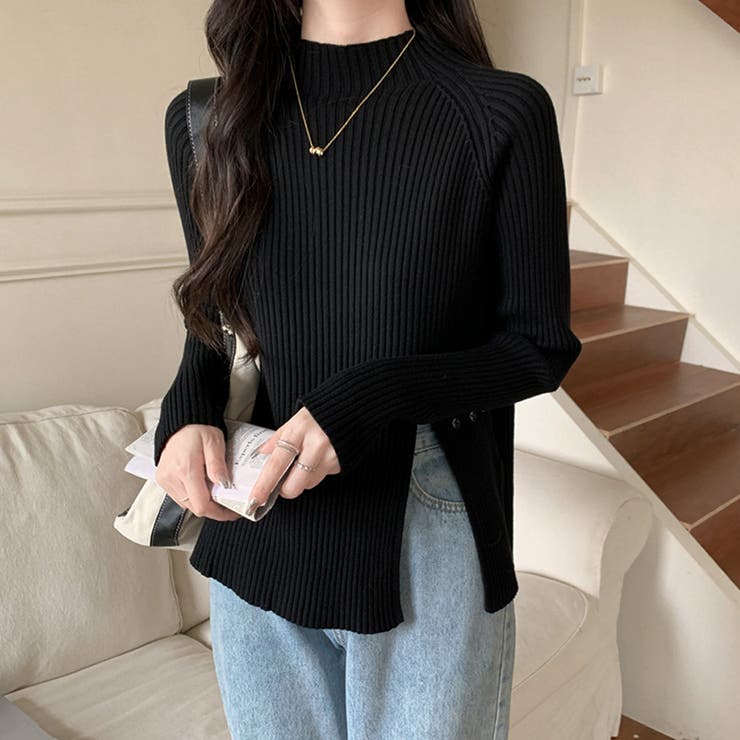 ブラック | ニットトップス スリット入り 春秋冬 | Miniministore