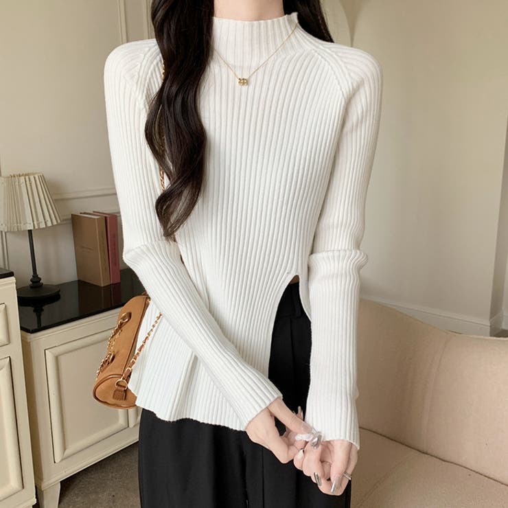 ホワイト | ニットトップス スリット入り 春秋冬 | Miniministore