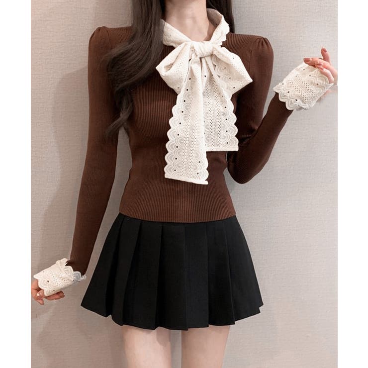 ブラウン | ニットトップス 刺しゅうレース ボウタイ | Miniministore