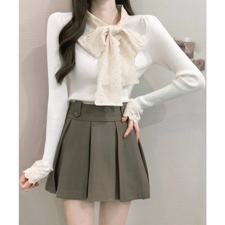 ホワイト | ニットトップス 刺しゅうレース ボウタイ | Miniministore