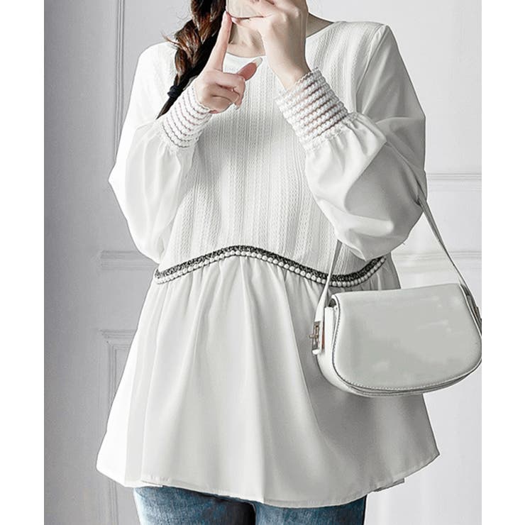 ホワイト | シャツブラウス 異素材 トップス 長袖 | Miniministore