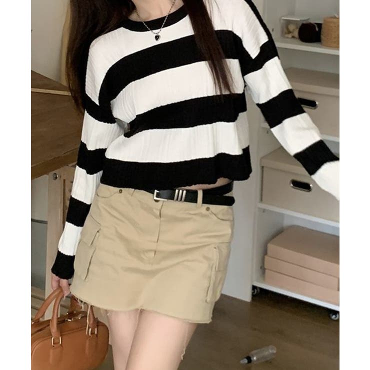 ホワイト×ブラック | ニットトップス ショート丈 秋冬トップス | Miniministore
