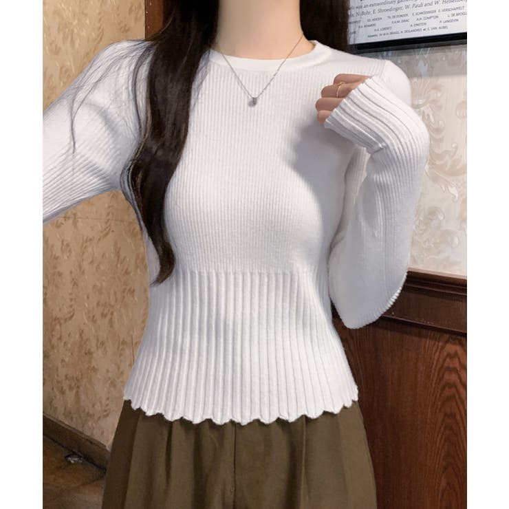 ホワイト | ニットトップス 長袖 春秋冬 リブ編み | Miniministore