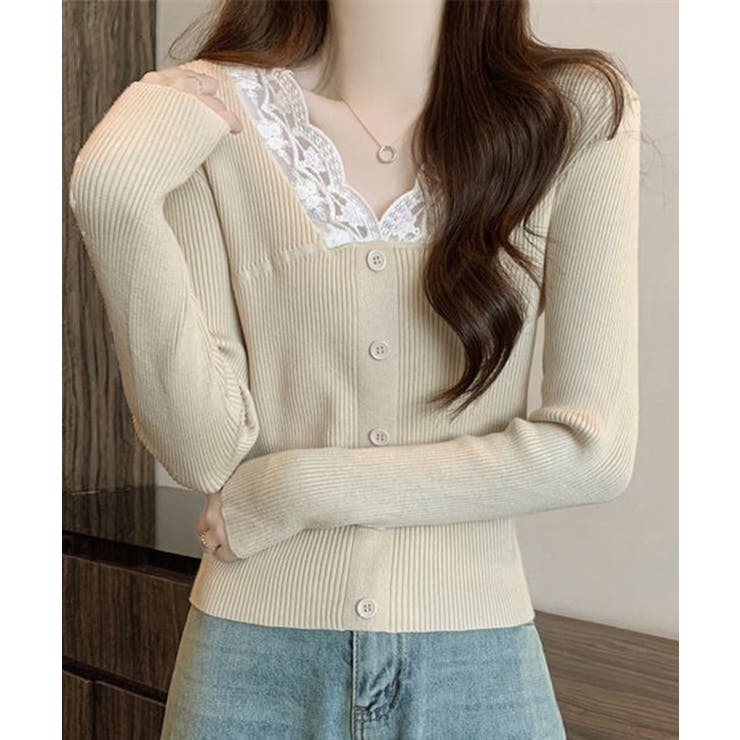 ベージュ | ニットトップス Vネック レース切替え | Miniministore