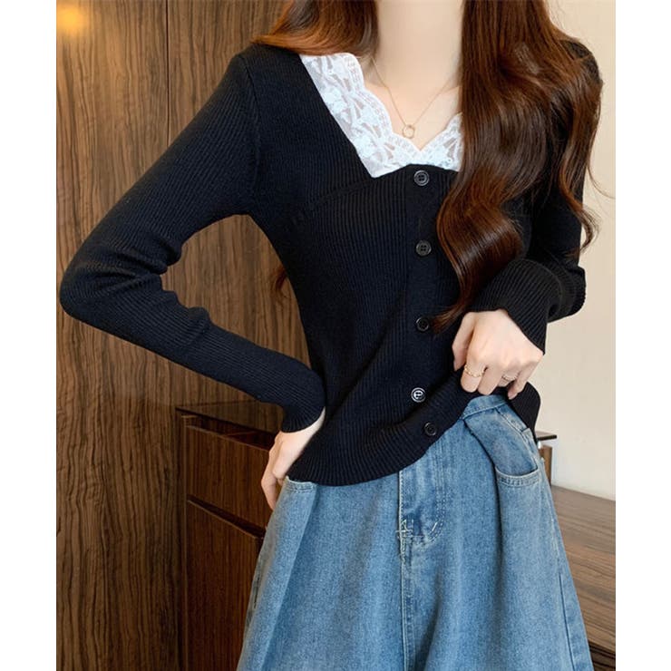 ブラック | ニットトップス Vネック レース切替え | Miniministore