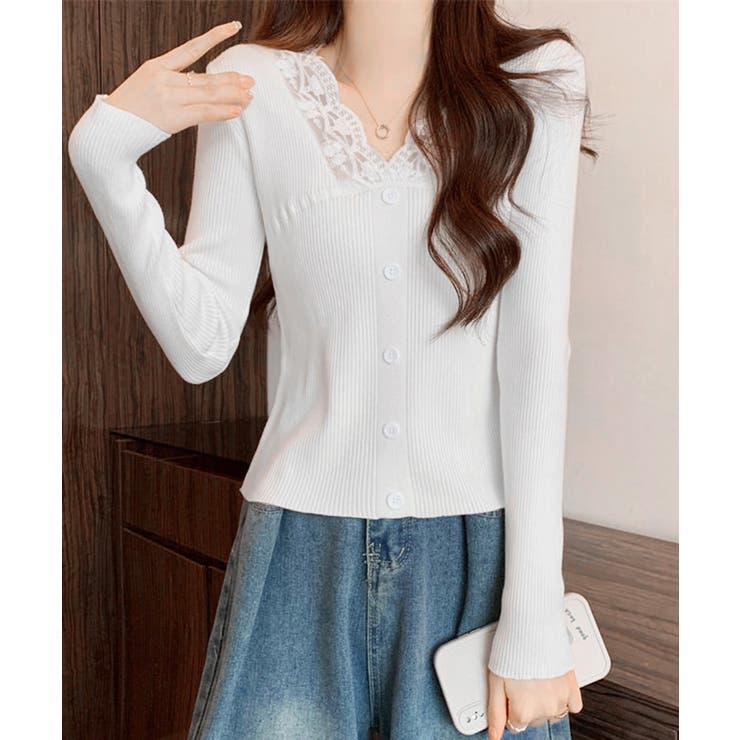 ホワイト | ニットトップス Vネック レース切替え | Miniministore
