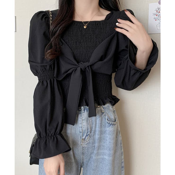 ブラック | ブラウス 白黒 シャーリング ショート丈 | SUNSHINE CLOSET