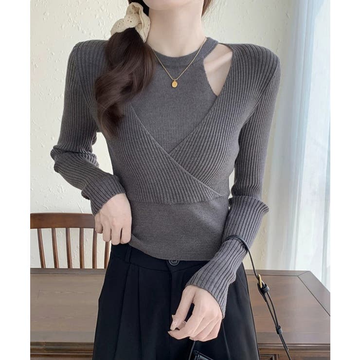 ダークグレー | ニットトップス 長袖 レイヤード風 秋冬 | SUNSHINE CLOSET