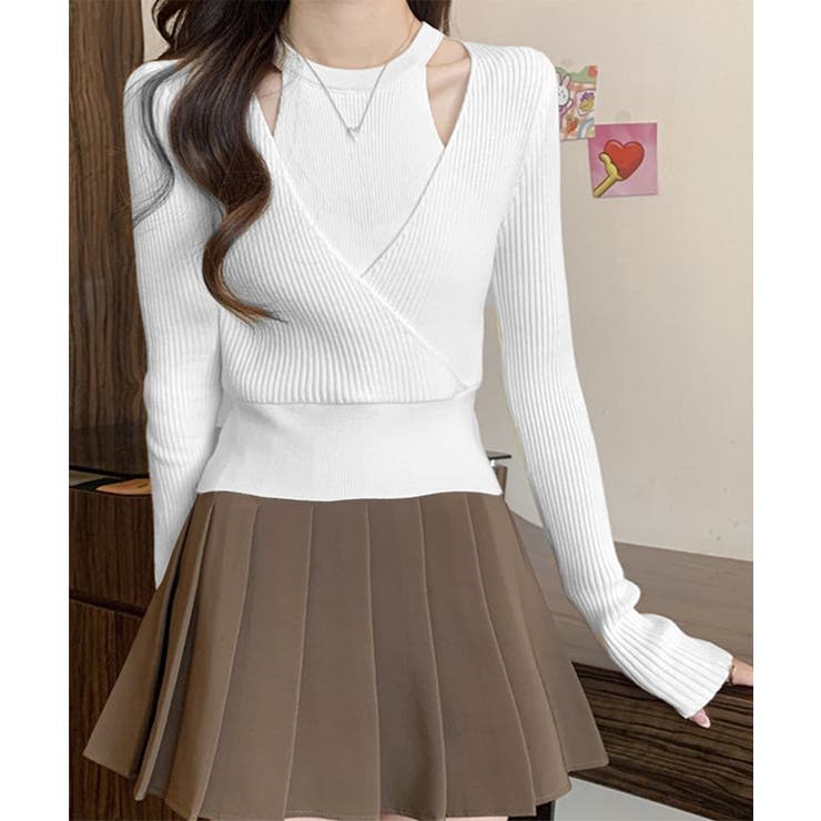 ホワイト | ニットトップス 長袖 レイヤード風 秋冬 | SUNSHINE CLOSET