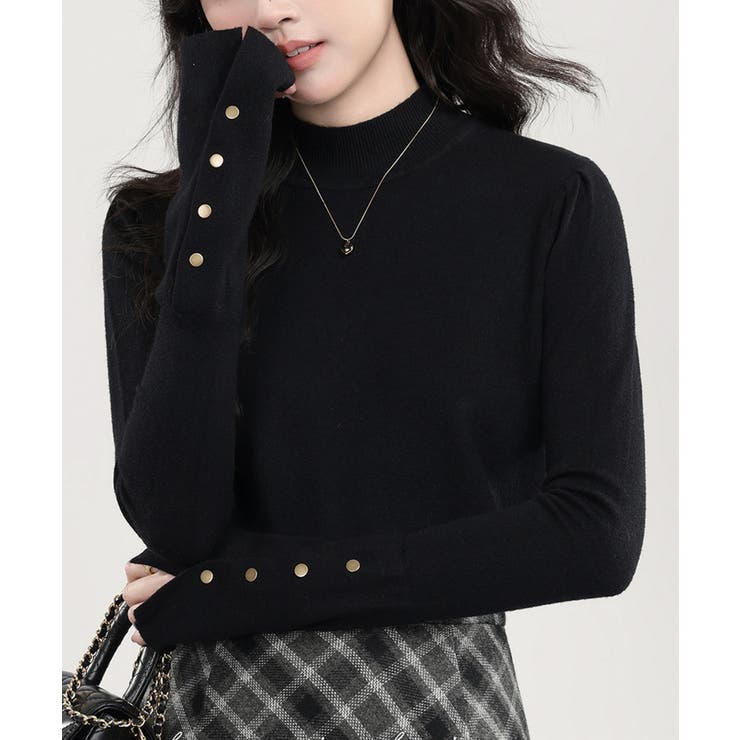 ブラック | ニットトップス 長袖 ハイネック 重ね着 | Miniministore