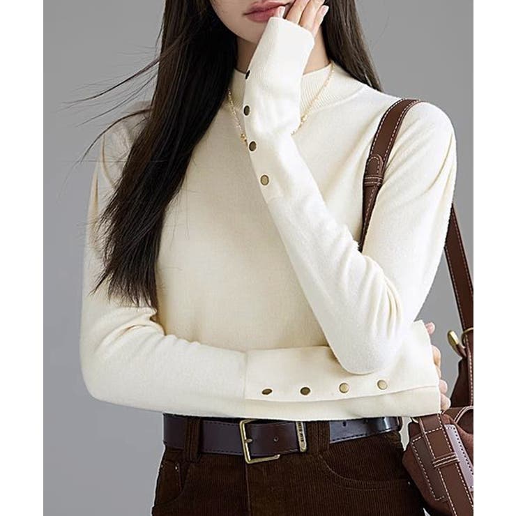 アイボリー | ニットトップス 長袖 ハイネック 重ね着 | Miniministore