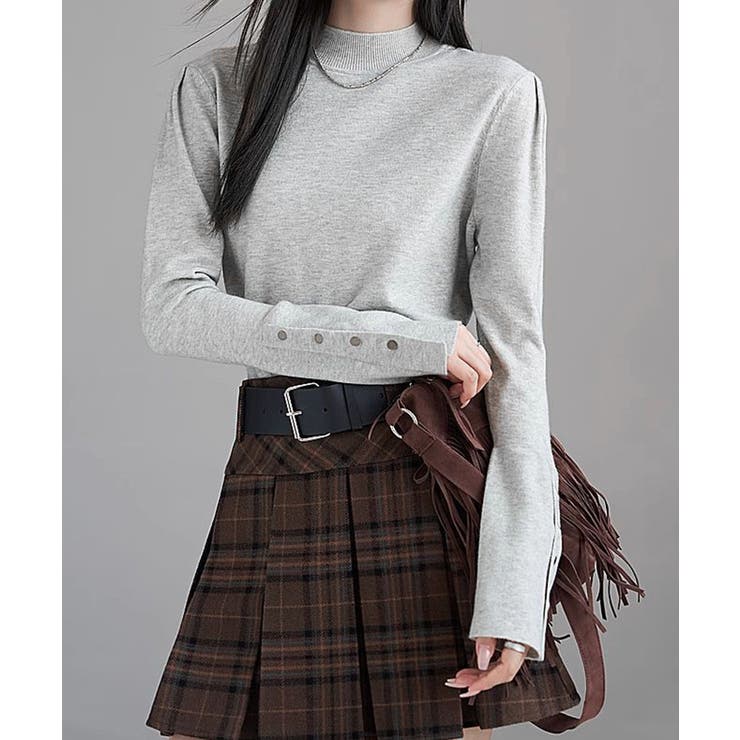 ライトグレー | ニットトップス 長袖 ハイネック 重ね着 | Miniministore