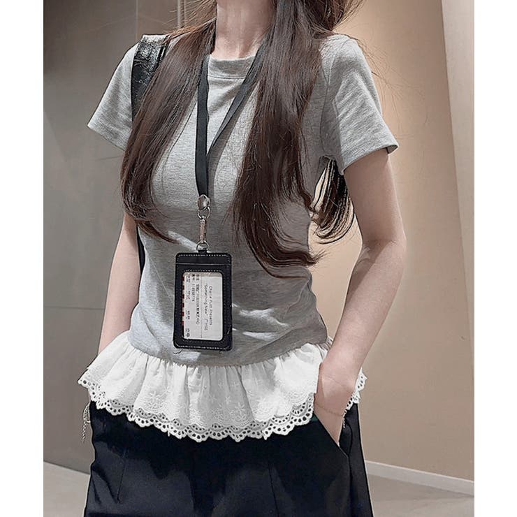 Tシャツ 裾レース切替 カットソー 夏服[品番：AGCW0006720