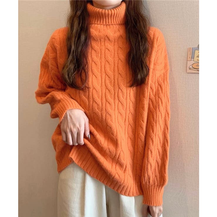オレンジ | ニットトップス 長袖 ケーブル編み 秋冬 | Miniministore