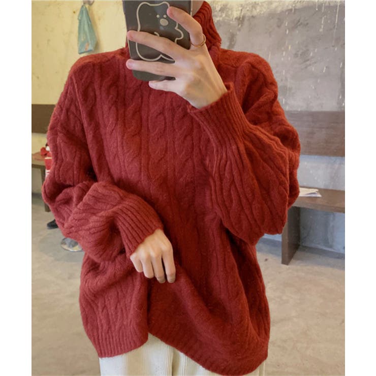 ワインレッド | ニットトップス 長袖 ケーブル編み 秋冬 | Miniministore