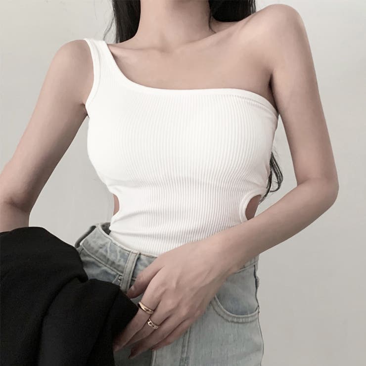 ホワイト | タンクトップ へそ出し ワンショルダー | Miniministore