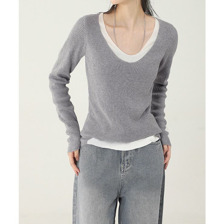 グレー | ニットトップス レイヤード風 Vネック服 | Miniministore