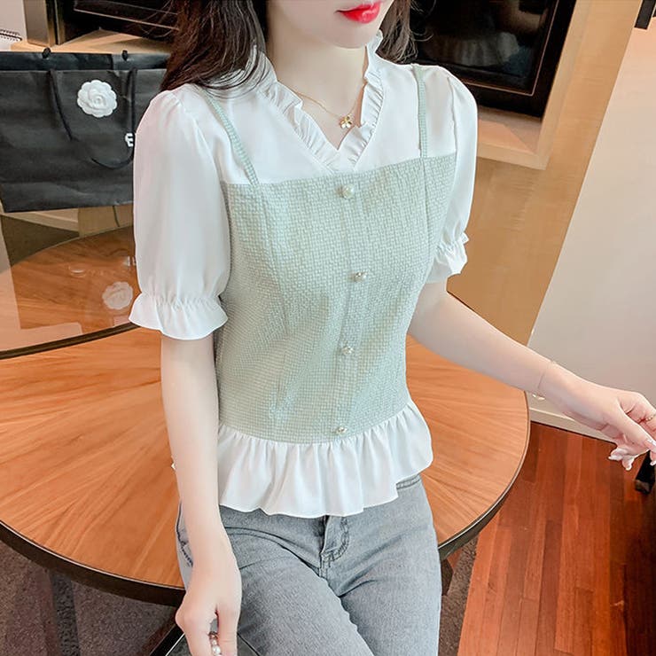 ミントグリーン | シャツブラウス 半袖 フリルVネック | Miniministore