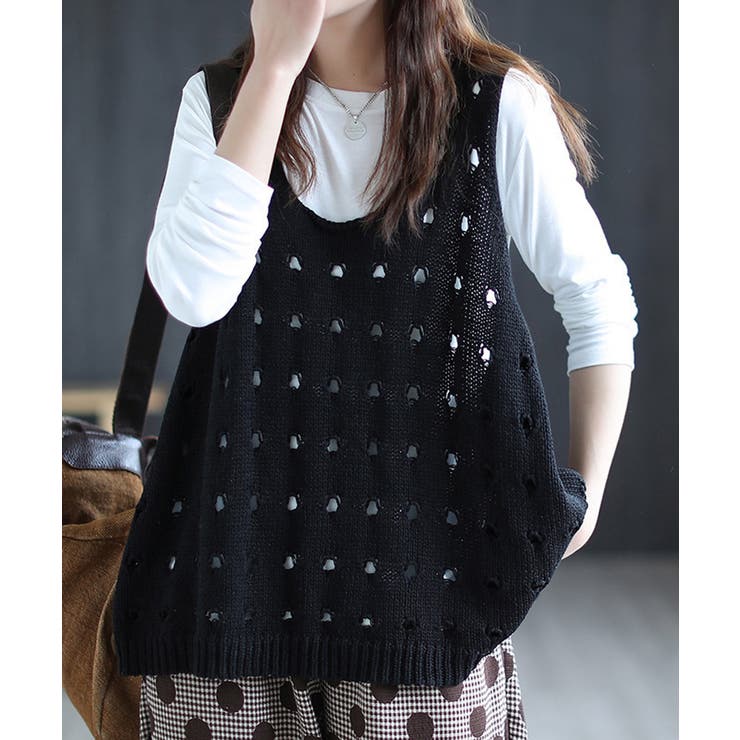 ブラック | ニットベスト 穴あき レディース 春秋夏 | Miniministore
