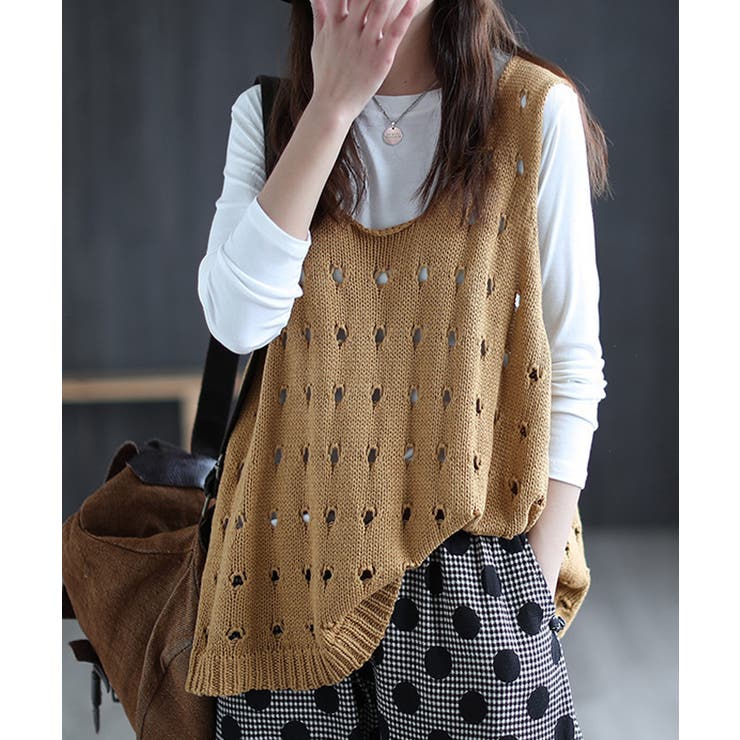 キャメル | ニットベスト 穴あき レディース 春秋夏 | Miniministore